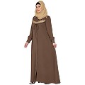 Zipper Front open pleated abaya with lace work- Beige